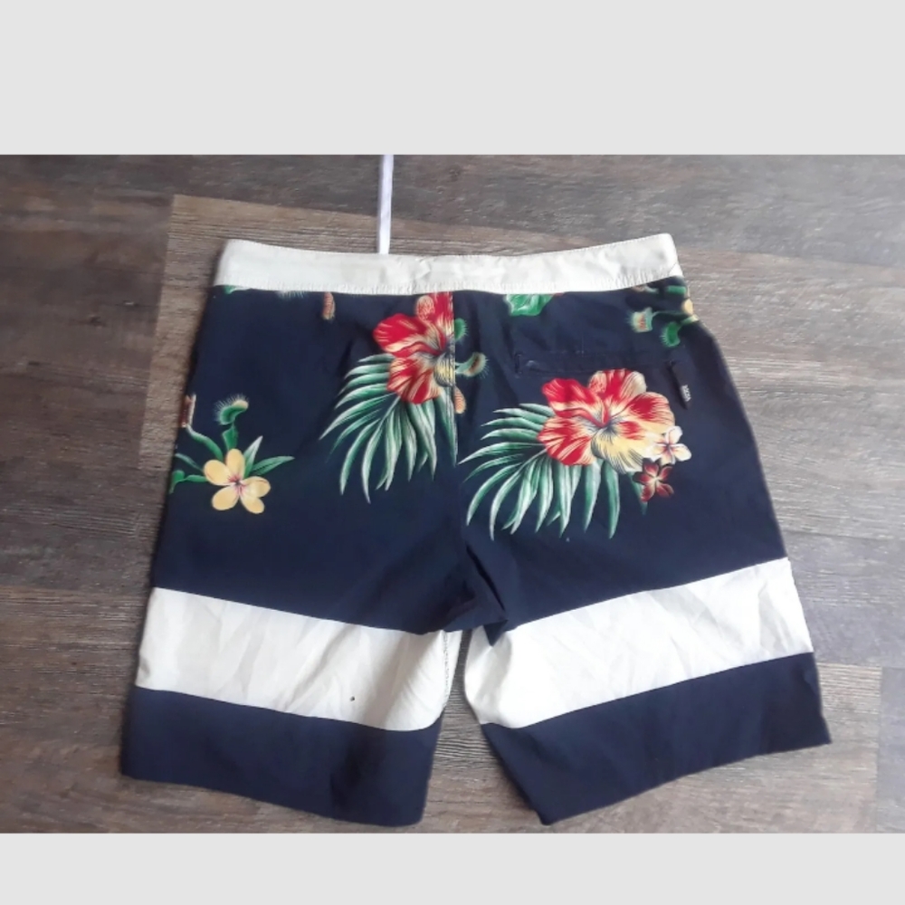Vans Swim Trunks Dark Floral black White Stripe Hawaiian 30